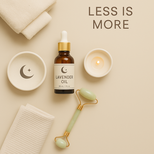 Minimalist wellness flat lay with lavender oil bottle, jade roller, candle, towel, and moon-themed dish on beige background.