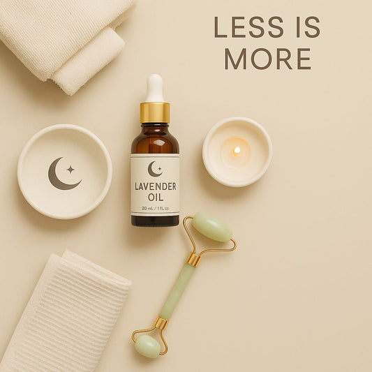 Minimalist wellness flat lay with lavender oil bottle, jade roller, candle, towel, and moon-themed dish on beige background.