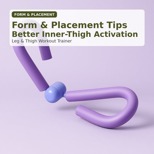 Leg and thigh workout trainer on a purple background with text about form and placement tips
