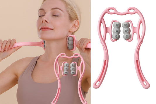Woman using a magnetic neck massager with product displayed beside her