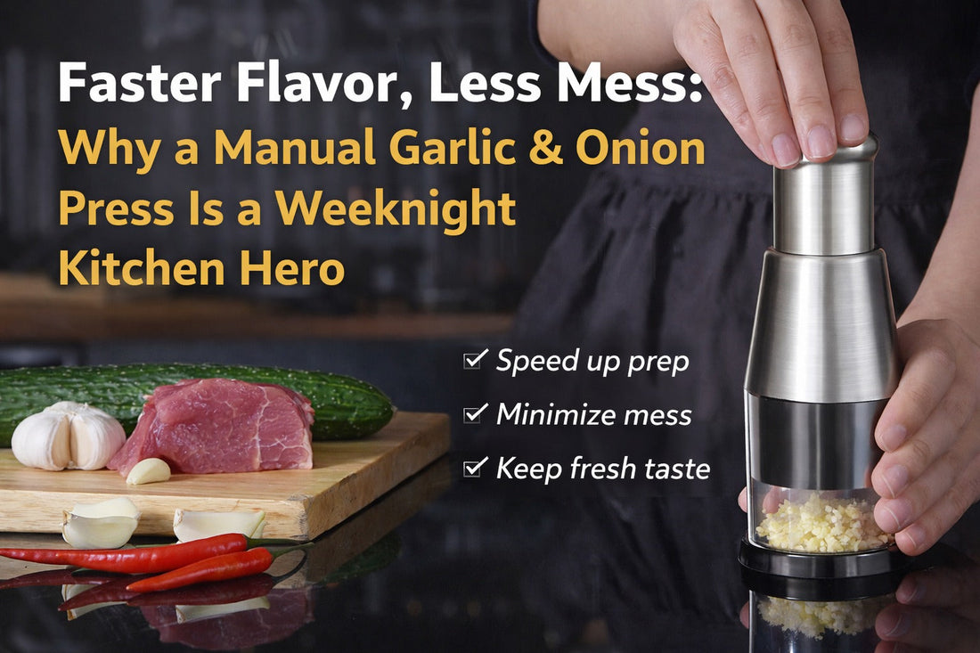 Manual garlic and onion press in a kitchen prep scene with article title about faster, less messy weeknight cooking.
