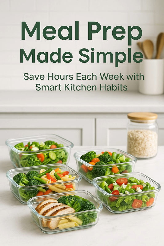 Meal prep containers with colorful vegetables and chicken on a white kitchen counter, with the title 'Meal Prep Made Simple' displayed above."