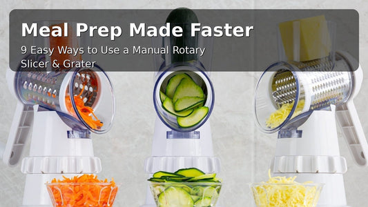 Meal prep made faster with a manual rotary slicer and grater on a kitchen counter.