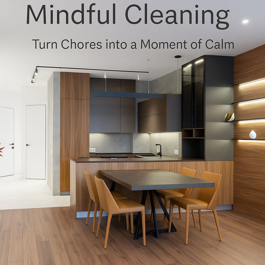 Modern minimalist kitchen and dining area bathed in natural light, symbolizing calm and mindful cleaning.