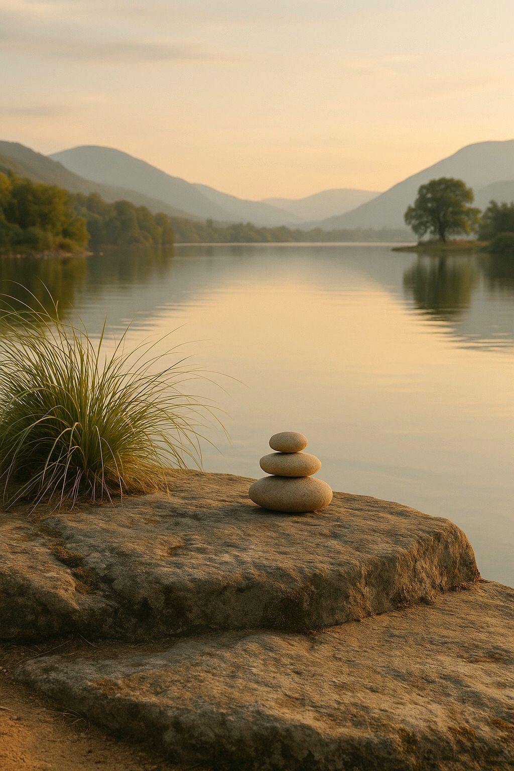 Peaceful lakeside scene with stacked stones and soft sunset light, symbolizing mindfulness and calm energy