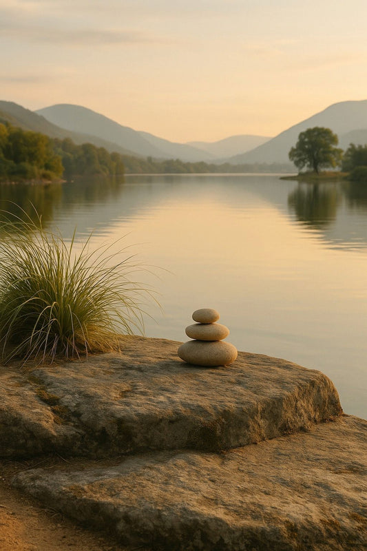 Peaceful lakeside scene with stacked stones and soft sunset light, symbolizing mindfulness and calm energy