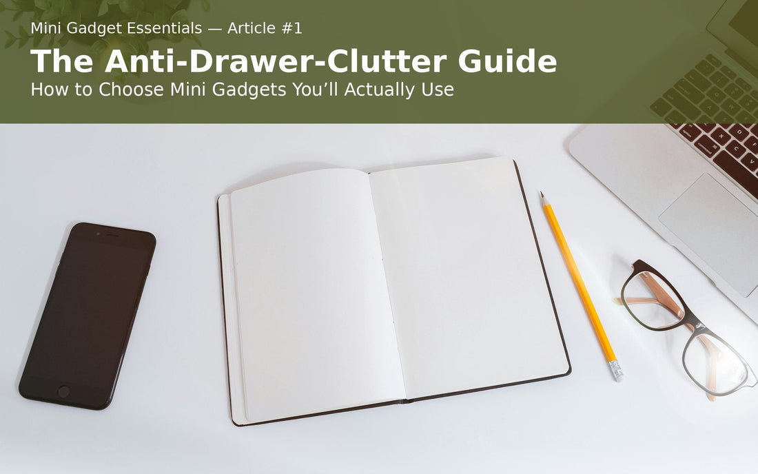 Minimal white desk flat lay with an open notebook, pencil, laptop, and glasses—blog cover for a mini gadget buying guide.