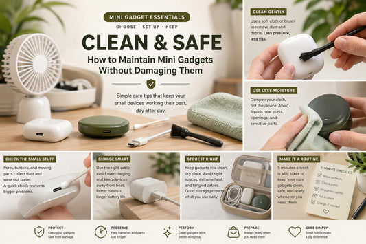Mini gadget maintenance infographic with cleaning, charging, storage, and safe care tips for small everyday devices