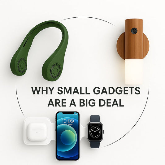 Three small gadgets arranged in a circle – neck fan, lamp, and charger.