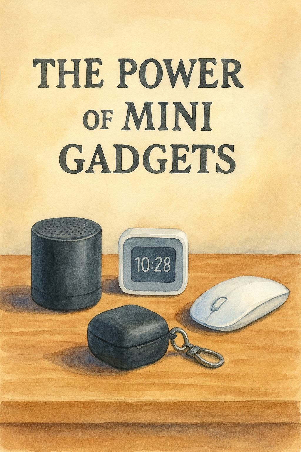 Watercolor illustration of four mini gadgets on a wooden surface with the headline "The Power of Mini Gadgets" at the top.
