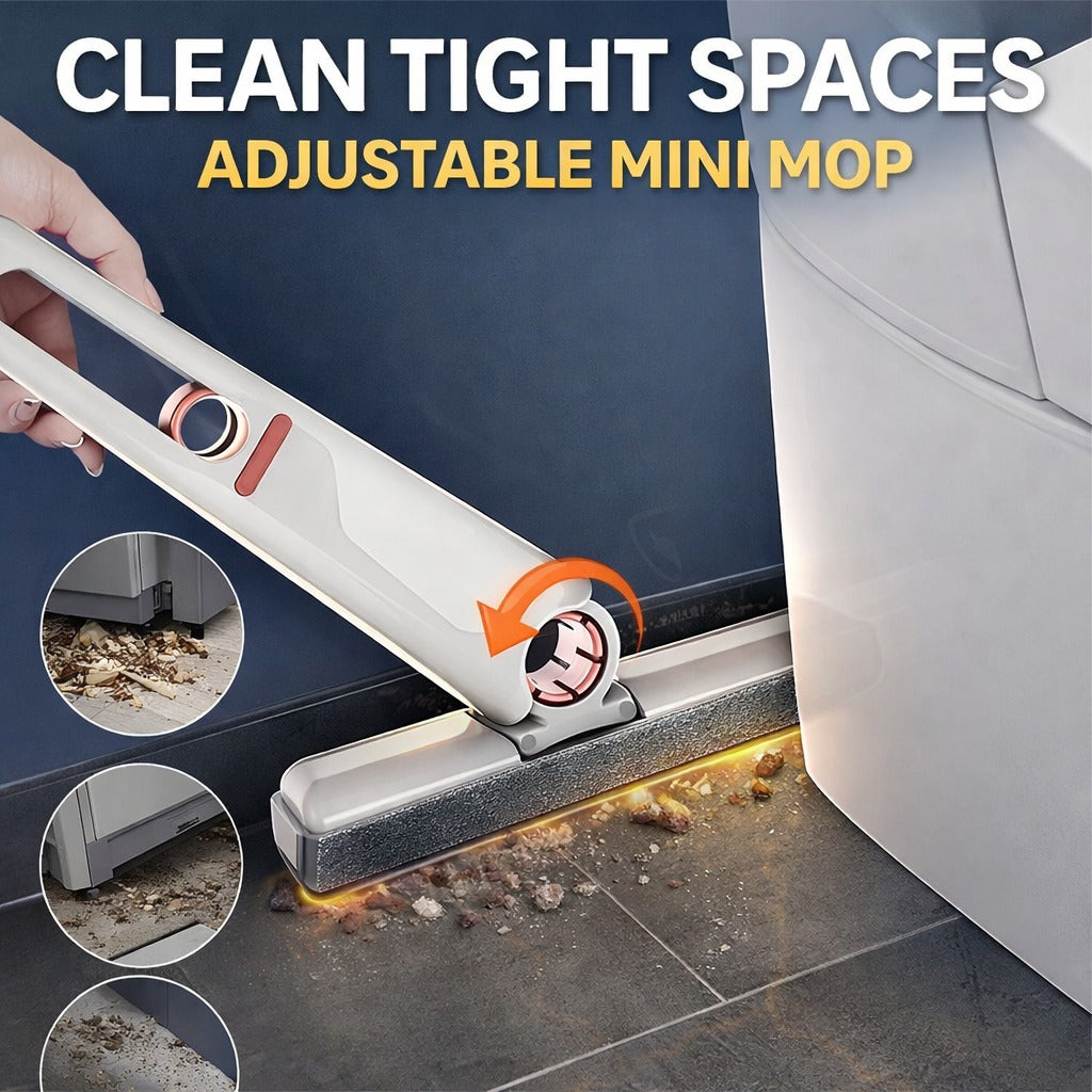 Mini self-squeeze cleaning mop reaching a tight space beside a toilet, showing its adjustable angle for cleaning narrow bathroom areas.