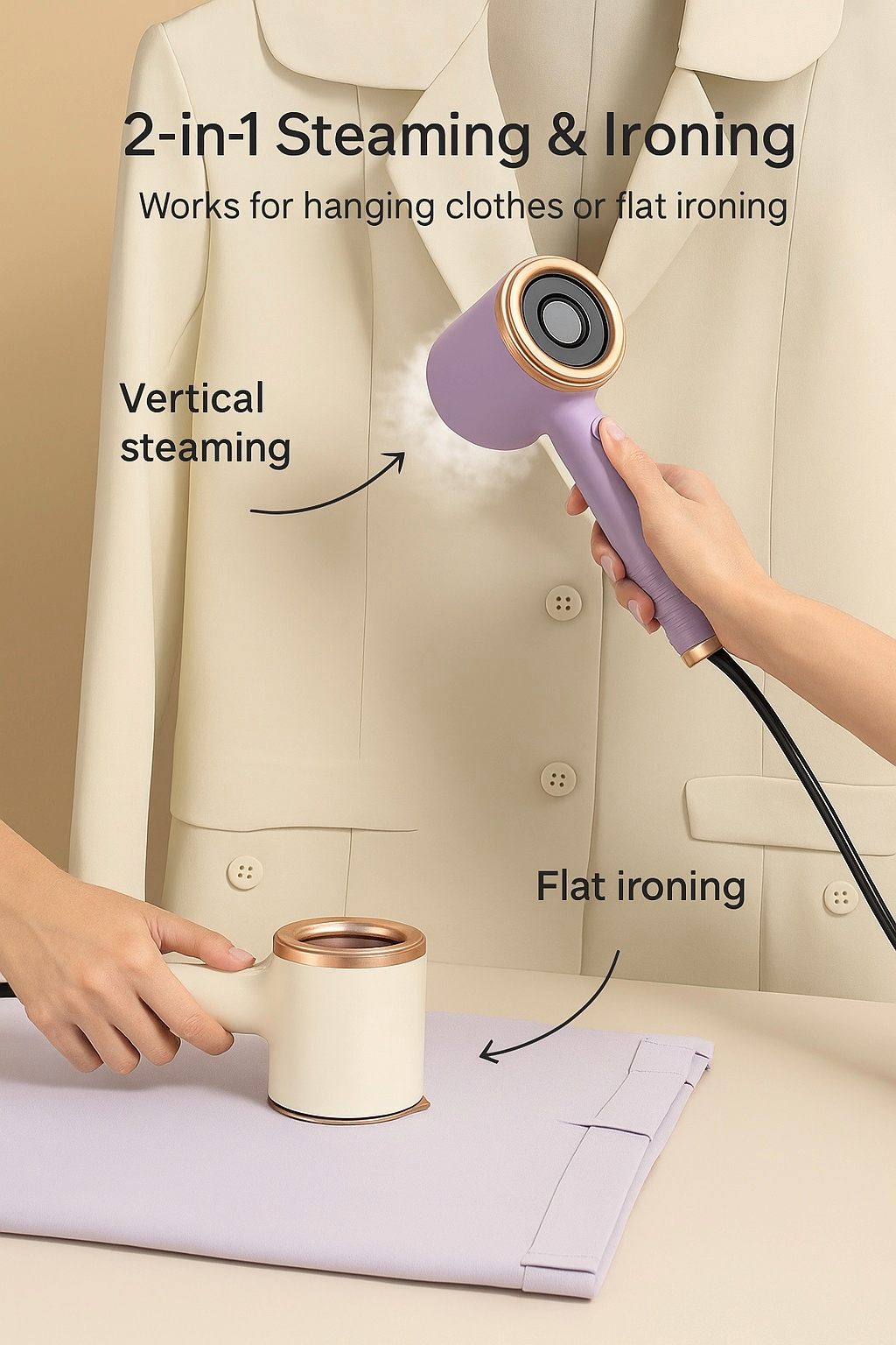 Mini portable handheld garment steamer in use for wrinkle-free clothes – 2-in-1 flat and hanging ironing