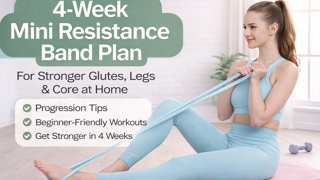 Woman doing a home workout with a mini resistance band and a 4-week training plan cover design