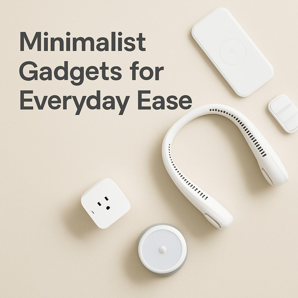 Minimalist tech gadgets on beige background: wireless charger, neck fan, smart plug, and LED night light.
