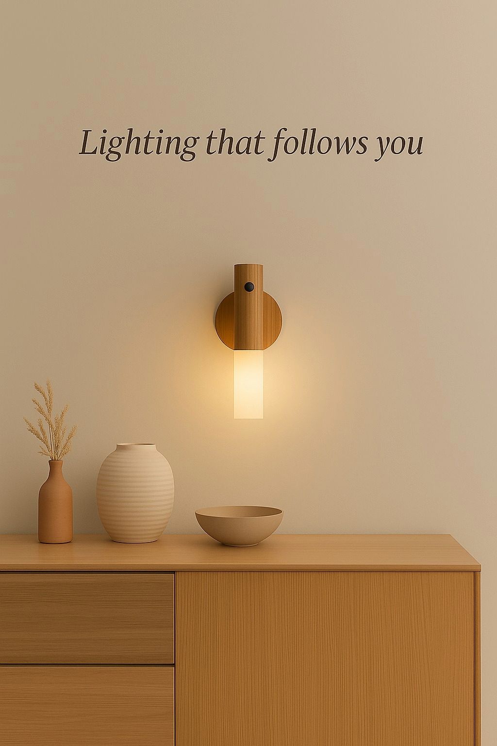 Minimalist setup with a wooden motion sensor night light glowing above a modern sideboard, with the phrase 'Lighting that follows you' on the wall.