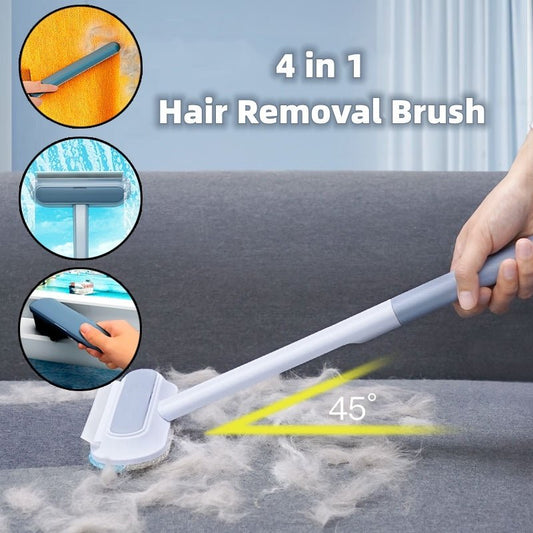 4-in-1 pet hair removal brush cleaning fur from a sofa with ergonomic angled handle