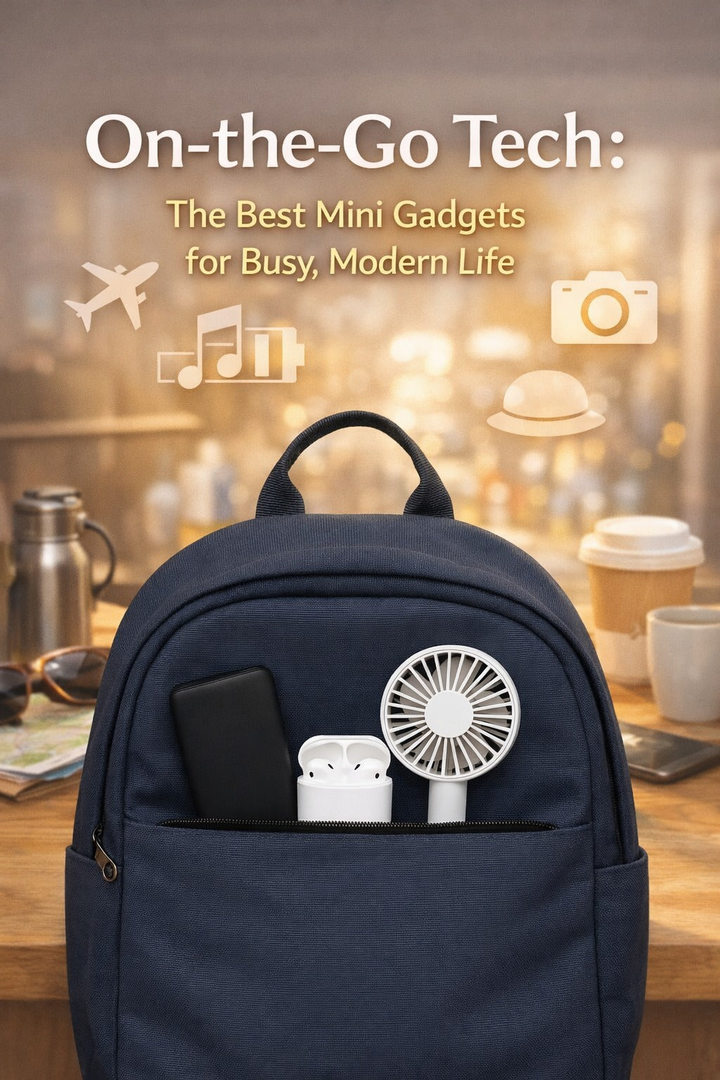 Lifestyle blog cover showing a navy backpack with portable mini gadgets like earbuds, a handheld fan, and a power bank, designed for an article about the best tech for busy modern life.