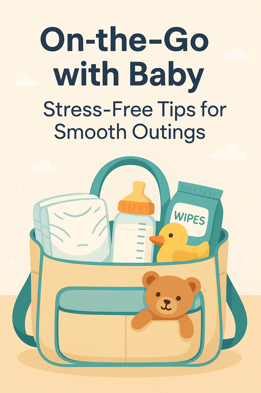 Diaper bag with baby essentials like diapers, bottle, wipes, rubber duck, and teddy bear – cover image for blog On-the-Go with Baby: Stress-Free Tips for Smooth Outings