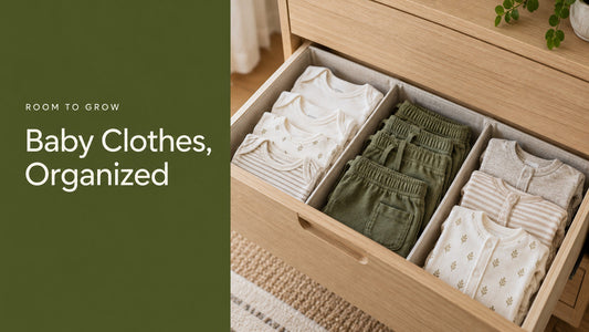Open nursery dresser drawer with neatly arranged baby clothes beside the title Baby Clothes, Organized.