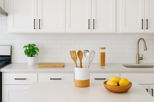 Organized modern kitchen with clean countertops and neatly arranged tools