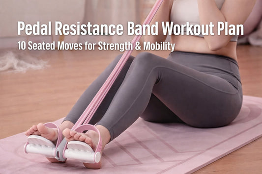 Woman doing a seated pull with a pedal resistance band on a yoga mat