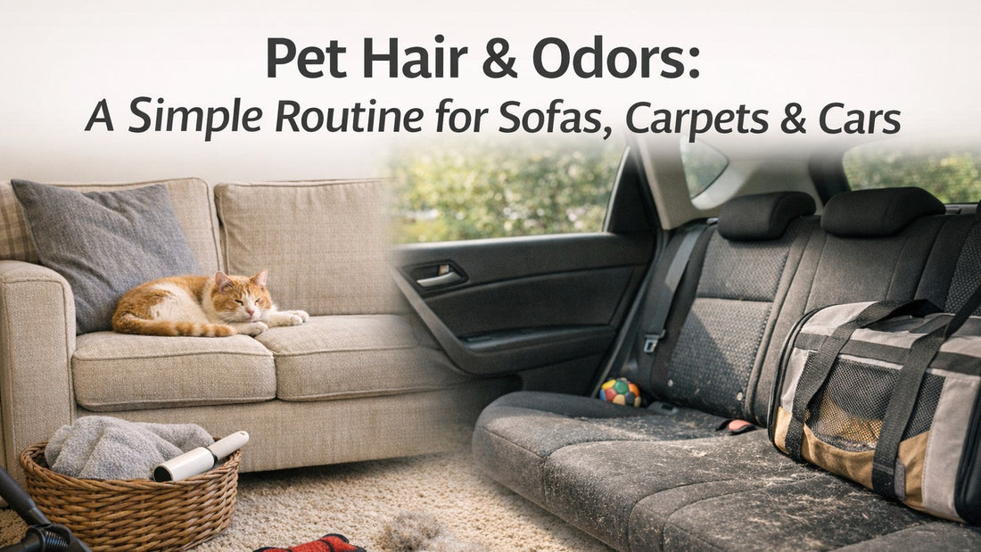 Pet hair and odors cleaning routine for sofas, carpets, and cars