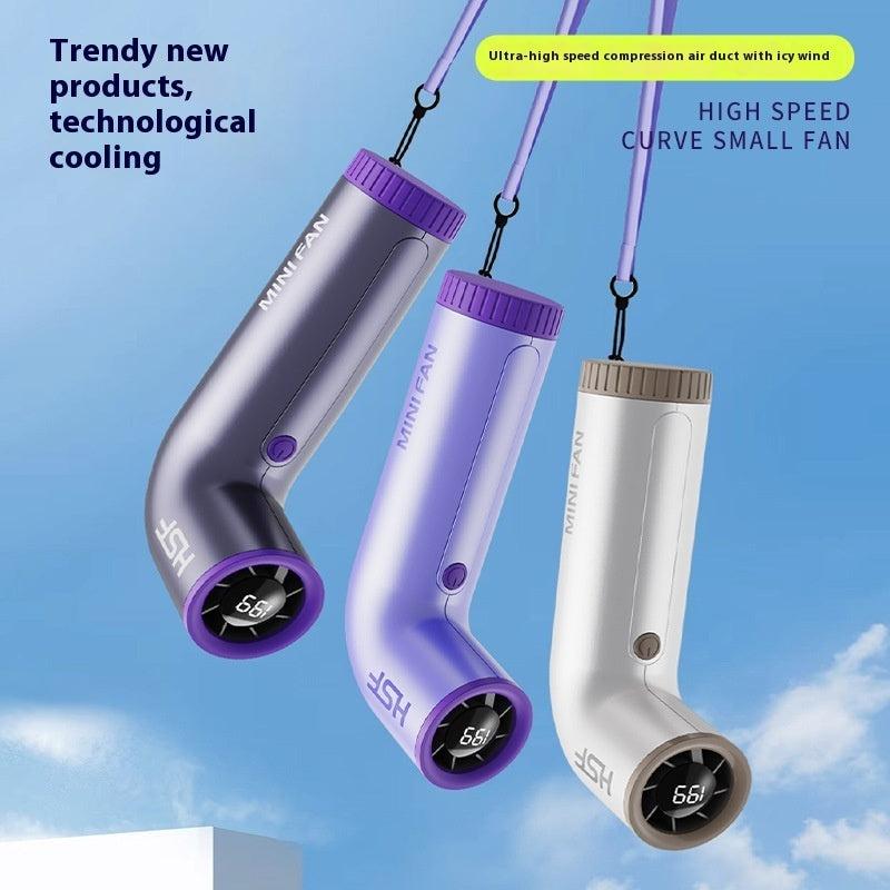Portable turbo handheld fan with digital display in three color options: dark grey-purple, Roland Purple, and ivory white