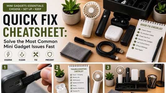 Organized mini gadgets with a quick fix checklist for common gadget issues