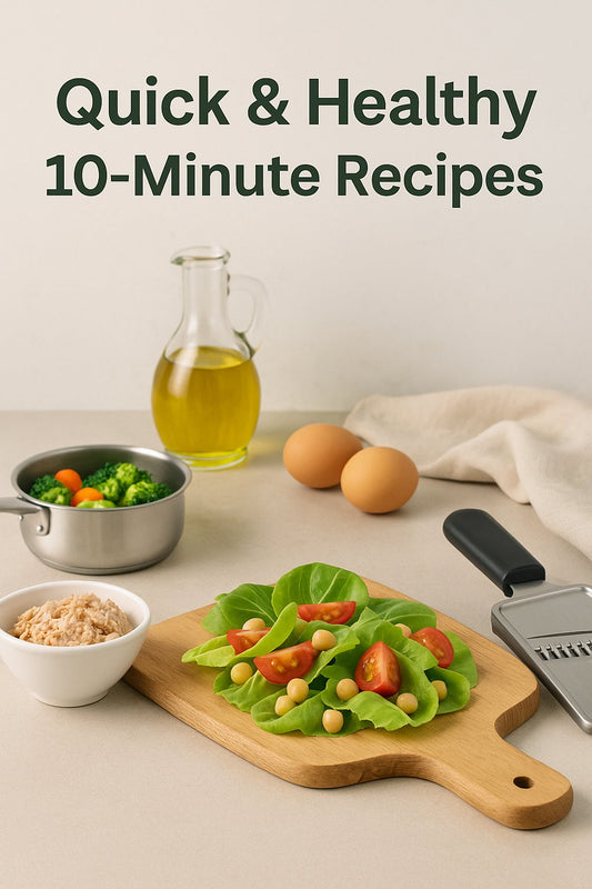 Clean kitchen scene with fresh vegetables and olive oil bottle, text reads “Quick & Healthy 10-Minute Recipes” — minimalist modern blog cover design.