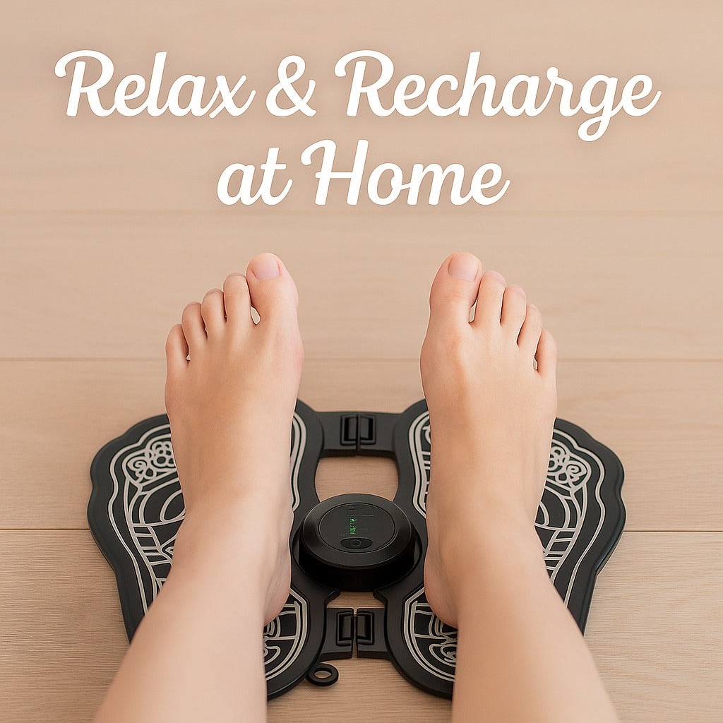 Rechargeable EMS foot massager blog cover with Relax & Recharge at Home text overlay
