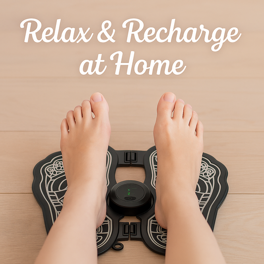 Rechargeable EMS foot massager blog cover with Relax & Recharge at Home text overlay