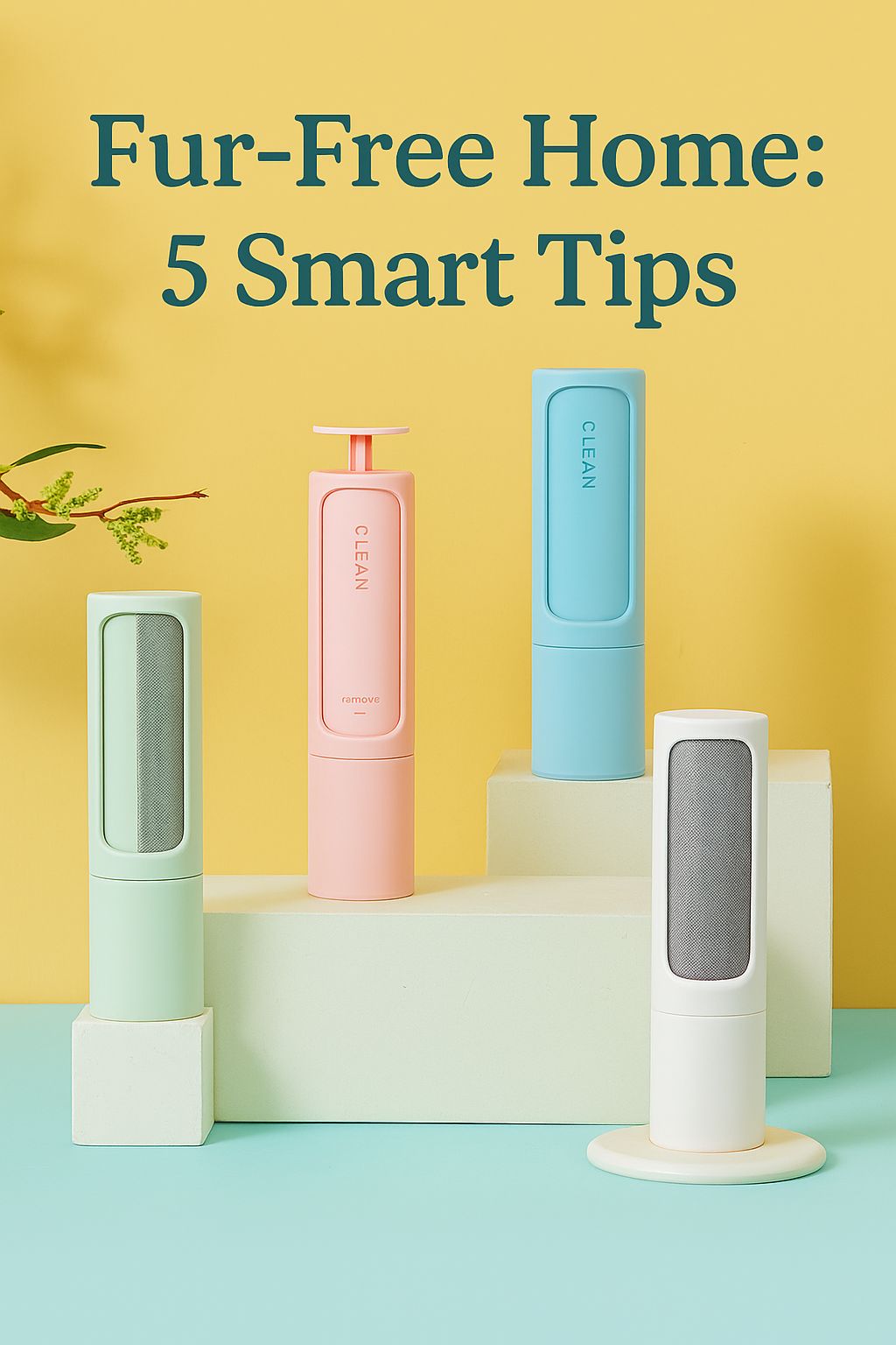 Reusable pet hair remover brushes in multiple colors with text “Fur-Free Home: 5 Smart Tips” at the top.