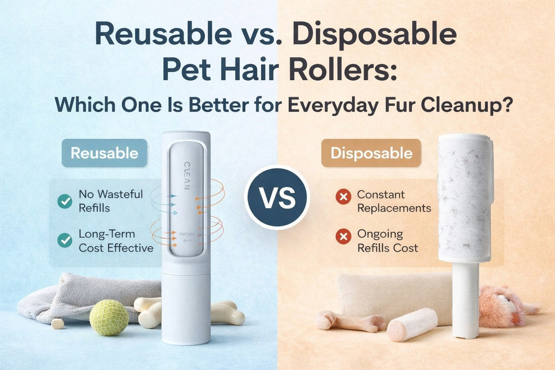 Comparison cover showing reusable and disposable pet hair rollers for everyday fur cleanup