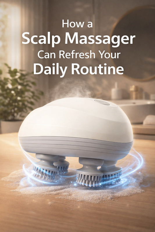 White rechargeable scalp massager on a bathroom counter with a soft wellness-style background, designed as a cover image for a daily routine article.