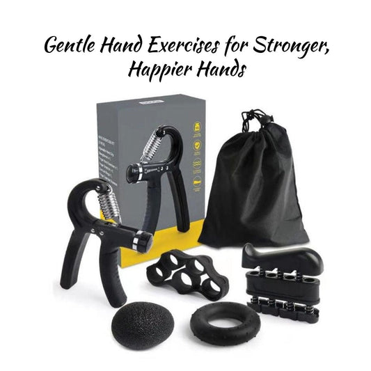Silicone Grip Ring & Ball Set in black with box, hand grippers, grip ring, stress ball, finger stretcher and storage pouch arranged as a complete kit.