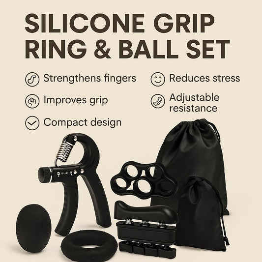 Infographic of the Silicone Grip Ring & Ball Set showing all five components with text highlighting key benefits like improved grip, finger strength, stress relief, and adjustable resistance