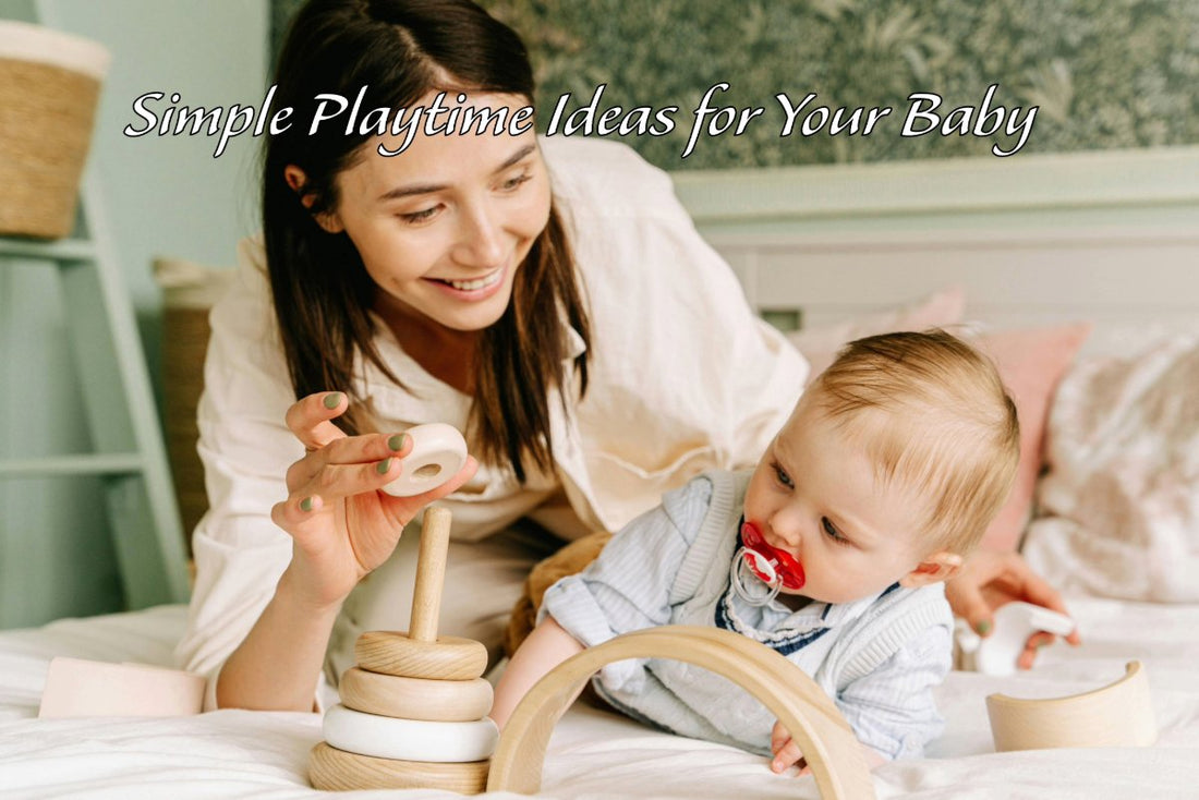 Simple playtime ideas for your baby – mom playing with her baby using wooden toys on the bed