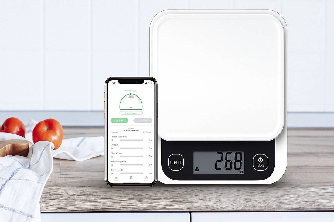 Smart kitchen scale with app interface on smartphone for meal prep and nutrition tracking