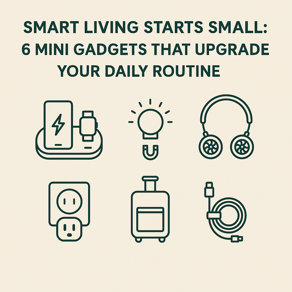 Infographic featuring six mini gadgets including a wireless charger, night light, neck fan, smart plug, suitcase, and cable organizer under the title 'Smart Living Starts Small'