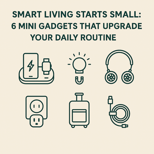 Infographic featuring six mini gadgets including a wireless charger, night light, neck fan, smart plug, suitcase, and cable organizer under the title 'Smart Living Starts Small'
