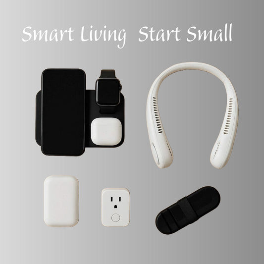 Minimalist cover showing a 3-in-1 wireless charger, bladeless neck fan, smart plug and small gadgets on a grey background with the text “Smart Living Starts Small”.
