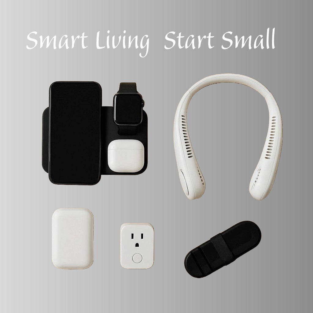 Minimalist cover showing a 3-in-1 wireless charger, bladeless neck fan, smart plug and small gadgets on a grey background with the text “Smart Living Starts Small”.