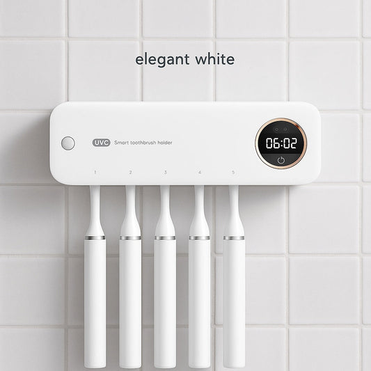 Wall-mounted white smart toothbrush holder with UV sterilizer and digital display, installed on a bathroom tile wall.