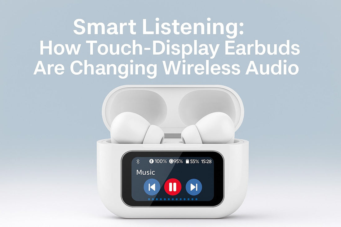 Smart Bluetooth Earbuds A9Pro displayed in charging case with touch screen under the title Smart Listening: How Touch-Display Earbuds Are Changing Wireless Audio