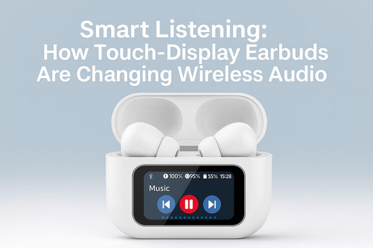 Smart Bluetooth Earbuds A9Pro displayed in charging case with touch screen under the title Smart Listening: How Touch-Display Earbuds Are Changing Wireless Audio