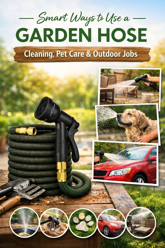 Garden hose with spray nozzle shown with outdoor cleaning uses including patio rinsing, pet care, and car washing, with text about smart ways to use a garden hose.