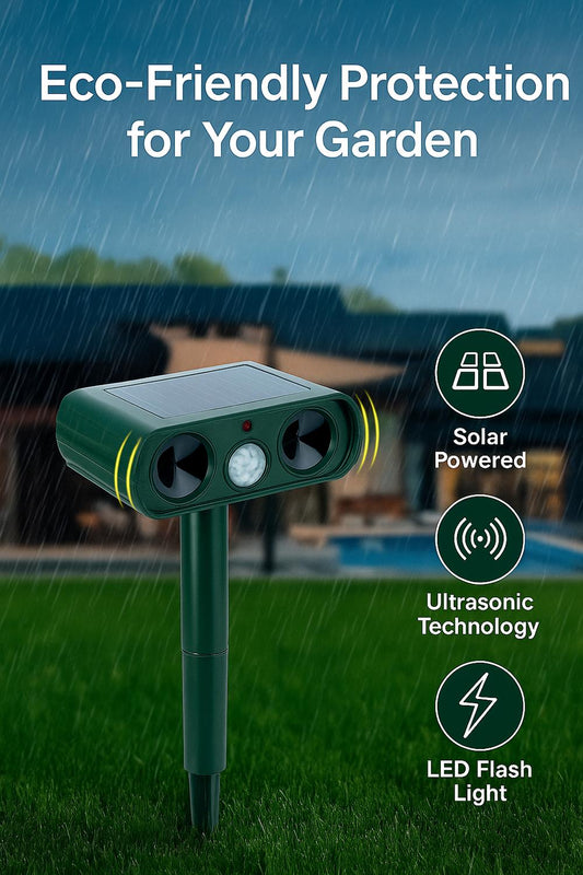 Solar ultrasonic animal repeller in rainy garden with text “Eco-Friendly Protection for Your Garden” and feature icons for solar power, ultrasonic technology, and LED flash light.