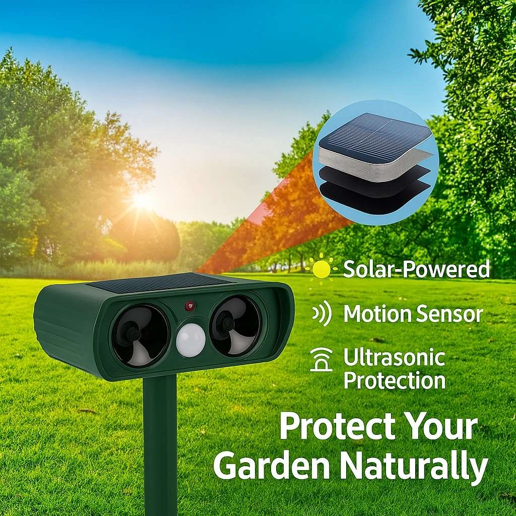 Solar-powered ultrasonic animal repeller with motion sensor placed in a garden, designed for eco-friendly outdoor pest control