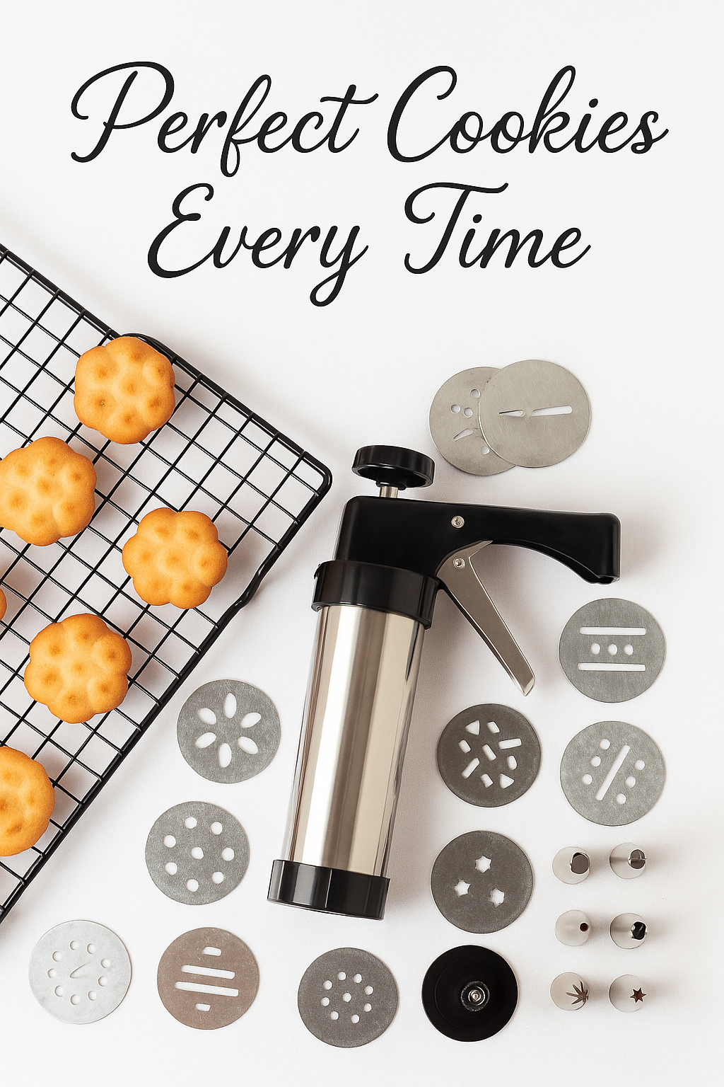 Cover image for blog article showing stainless steel cookie press, discs, and freshly baked cookies with text Perfect Cookies Every Time