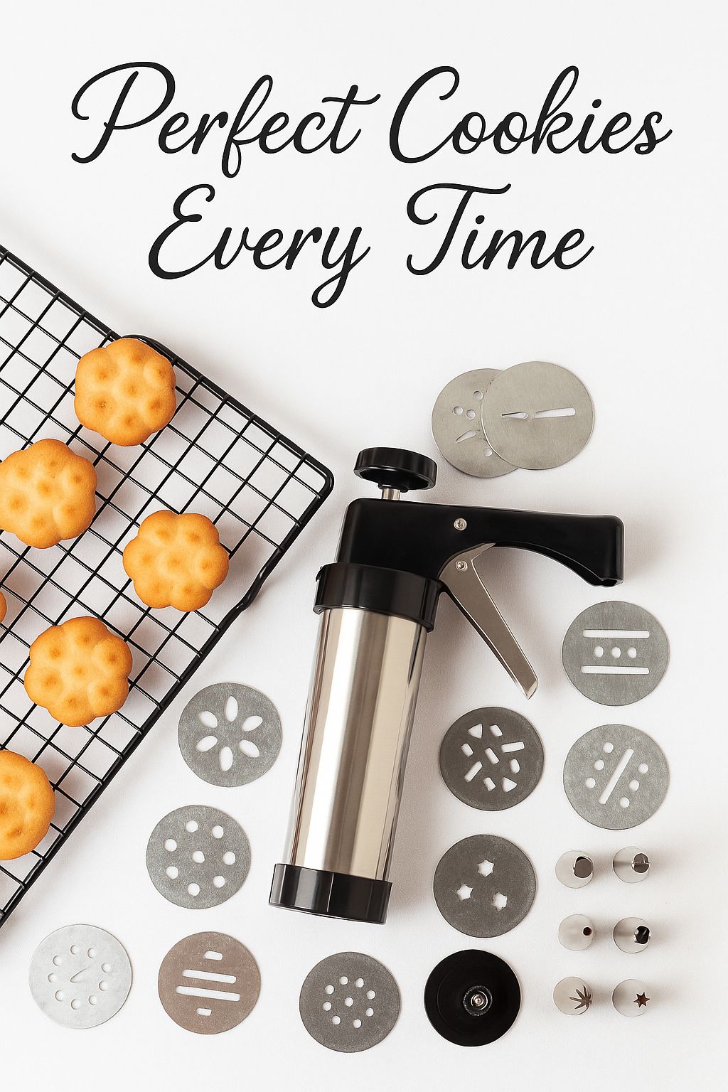 Cover image for blog article showing stainless steel cookie press, discs, and freshly baked cookies with text Perfect Cookies Every Time